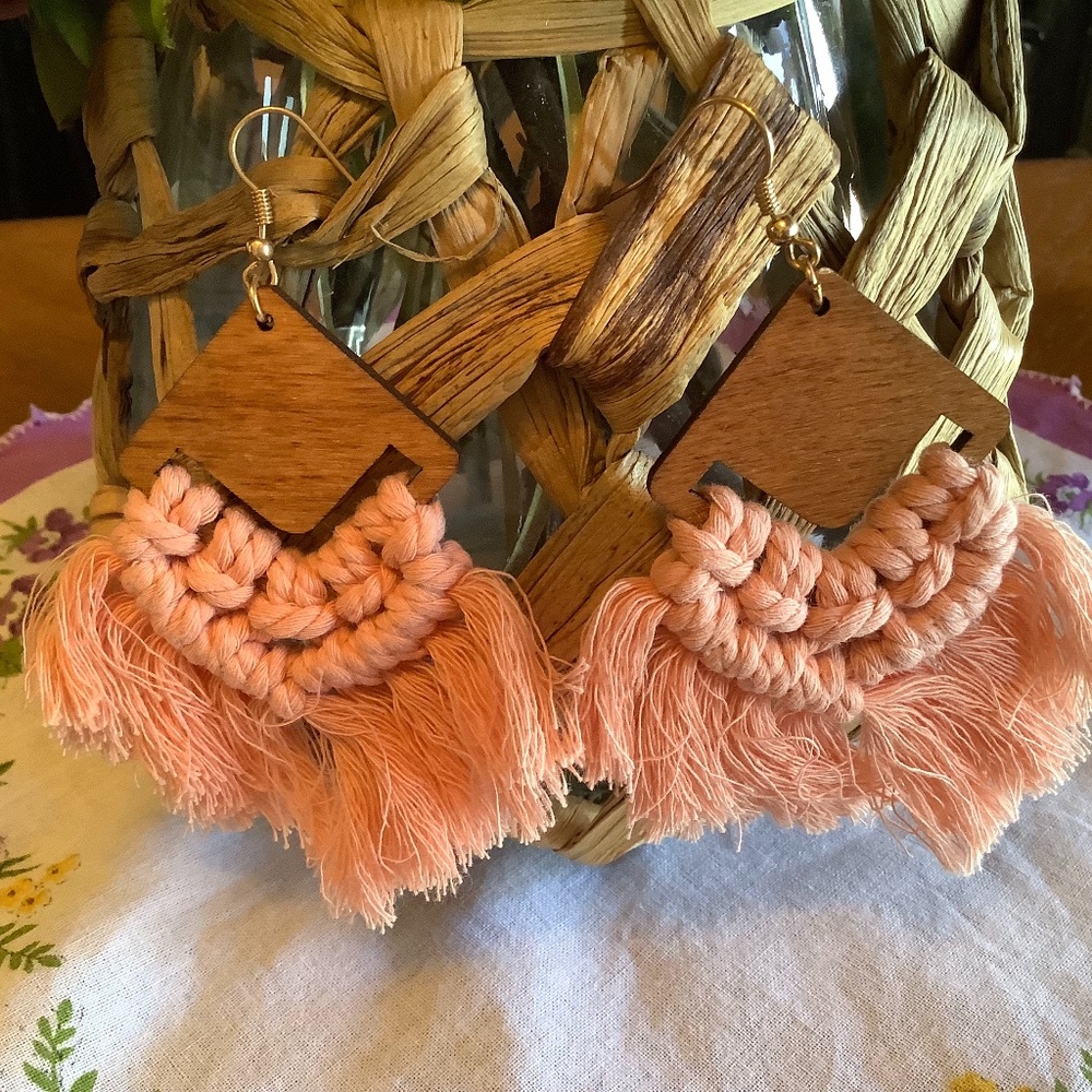 Boho Rhombus & Crochet Tassel Wire Earrings